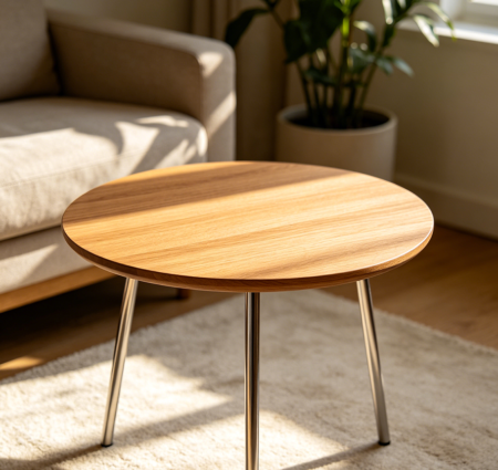 Small Round Oak Veneer Table for Two with Metal Legs